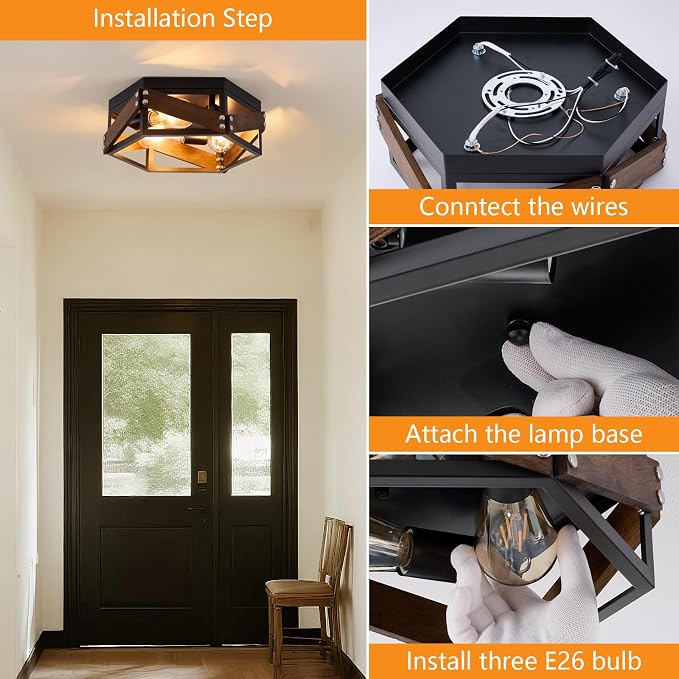 XSDeTu Farmhouse Flush Mount Ceiling Light, 3-Light Hallway Lights with Metal and Wood, Industrial Kitchen Light Fixtures Ceiling Mount, Rustic Black Chandelier for Bedroom Living Room Bathroom