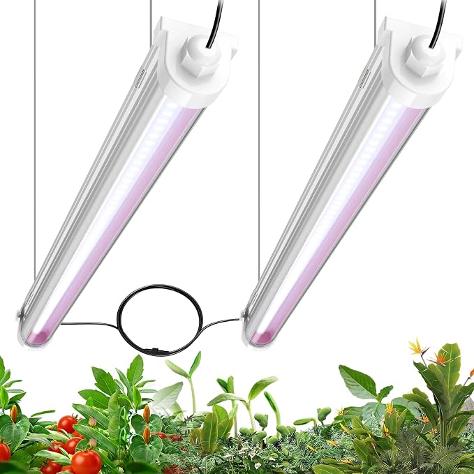 JESLED Waterproof T8 2FT Grow Lights, Full Spectrum Indoor Plant Light, 2P | 48W(2 X 24W)300W Equivalent, V-Shaped Beam, On/Off Switch, Linkable Plant Light Strip for Greenhouse, Shelf, Indoor Outdoor