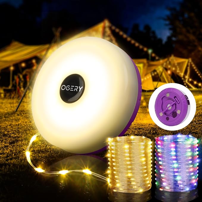 Camping String Lights 4 in 1, 32.8FT Quick Storage 8 Modes Protable | Rechargeable Fairy Tent Lights String , Hanging Waterproof LED Lamp for Outdoor Indoor Patio Awning Decor Camping Essentials
