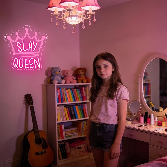 Slay Queen Neon Sign,Pink LED Neon Light Up Signs for Wall Decor,Crown LED Light for Bedroom Preppy Girl Aesthetic Room Dorm Y2k Party Game Room,Gift For Women Girls Teen USB Powered（11.4"*11"）