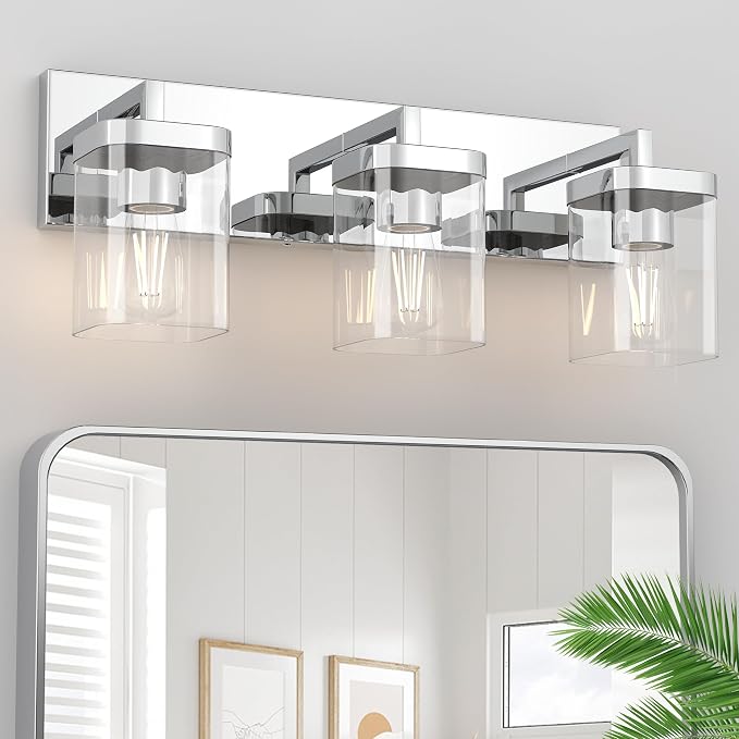 Chrome Bathroom Vanity Light, Square Design 3 Lights Morden Vanity Lighting Fixtures Over Mirror, Bathroom Light Fixtures for Living Room/Bedroom