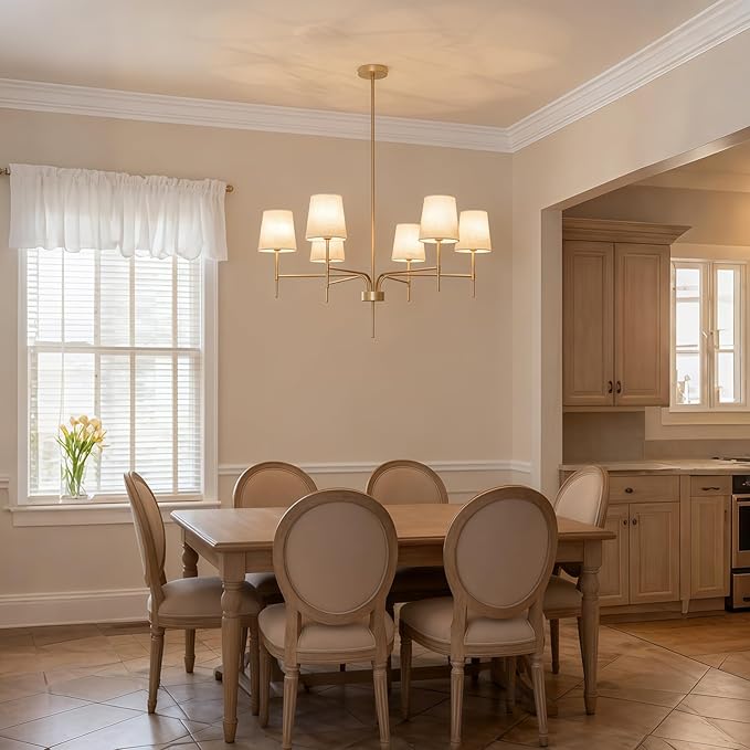 Antique Brass Gold Chandeliers for Dining Room, 6-Light Modern Chandelier Light Fixture over Table, with White Fabric Shade, 34" Large Transitional Kitchen Pendant Lights for Living Room Bedroom Foyer