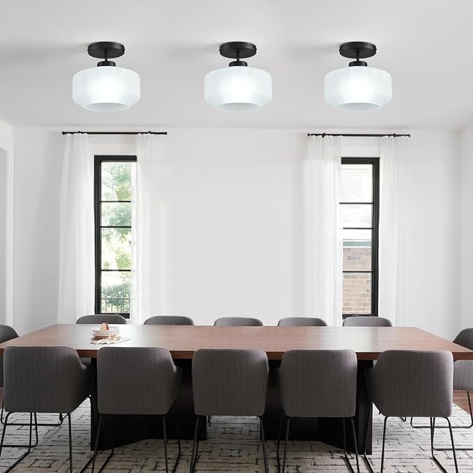 Industrial Black Matte Light Fixtures Ceiling Mount, with Frosted Glass Shades Semi Flush Mount Ceiling Light, for Hallway Fixtures Kitchen, Foyer