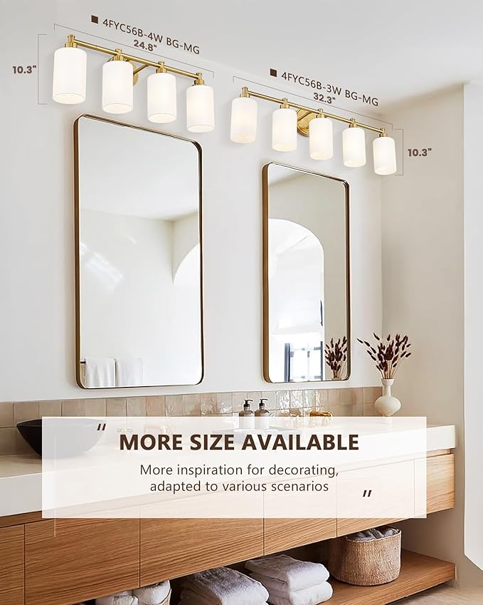 FEMILA 25" Brushed Gold Bathroom Light Fixtures, 4 Light Vanity Light Fixture, Bathroom Lighting with Milk White Glass, 4FYC56B-4W BG-MG