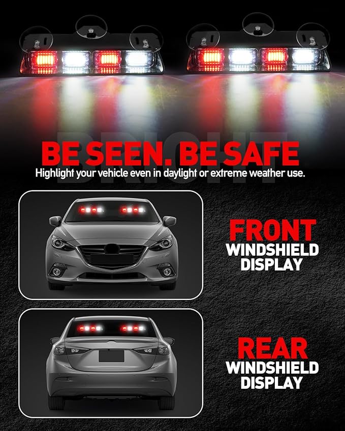 HLauto 2002L Emergency Dash Strobe Lights: Red White Safety Lights, Flashing Warning Hazard Windshield Visor Traffic Light Bars for Trucks, Construction Vehicles (2x8.5 inch, 48LED)