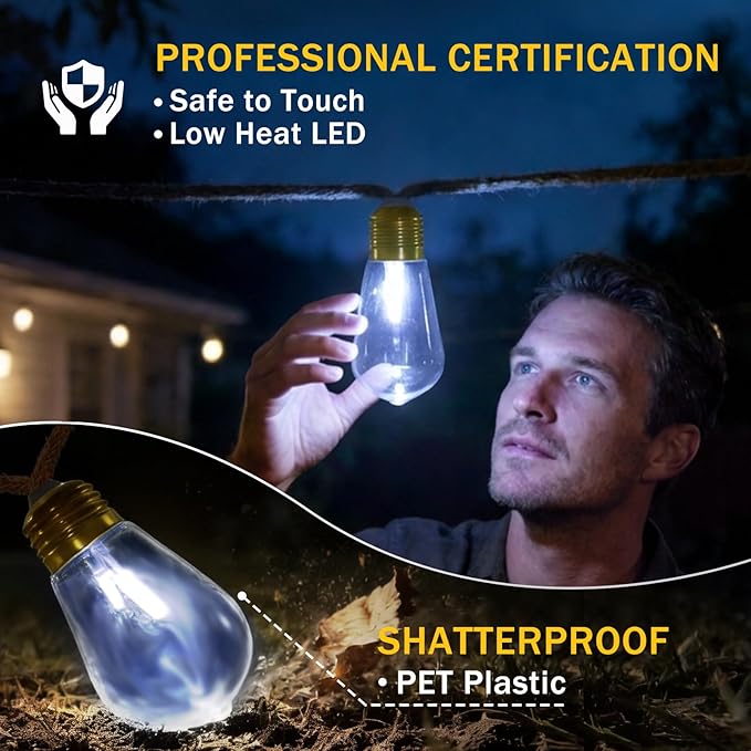 (New) Outdoor String Lights, 24FT Hemp Rope LED Patio Lights, Waterproof 8 Light Modes Plug-in Hanging Edison Bulb Lights for Backyard, Garden, Porch, Wedding, Christmas Decor