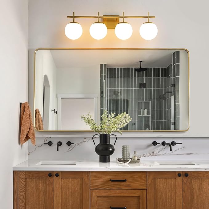 Bathroom Light Fixtures, 4-Light Brushed Gold Bathroom Vanity Lights Over Mirror, 30.7 Inch Modern Vanity Lighting with Milky White Glass Globe Shade Wall Sconce Lighting Bath