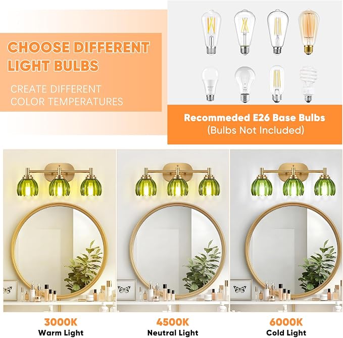 Bathroom Light Fixtures, 3-Light Brushed Gold Vanity Lights for Bathroom with Tulip Green Glass Shade, Bathroom Vanity Lighting Over Mirror, Gold Wall Lamps for Bedroom, Living Room, Hallway