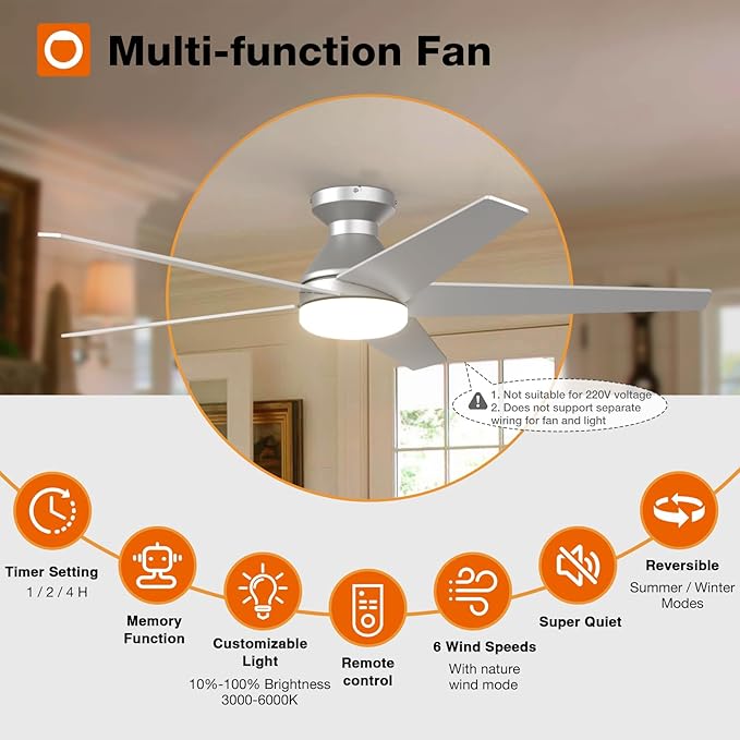 addlon Ceiling Fans with Lights, 52 Inch Low Profile Ceiling Fan with Light and Remote Control, Flush Mount, Reversible, 3CCT, Dimmable, Quiet, Silver Ceiling Fan for Bedroom Indoor/Outdoor Use