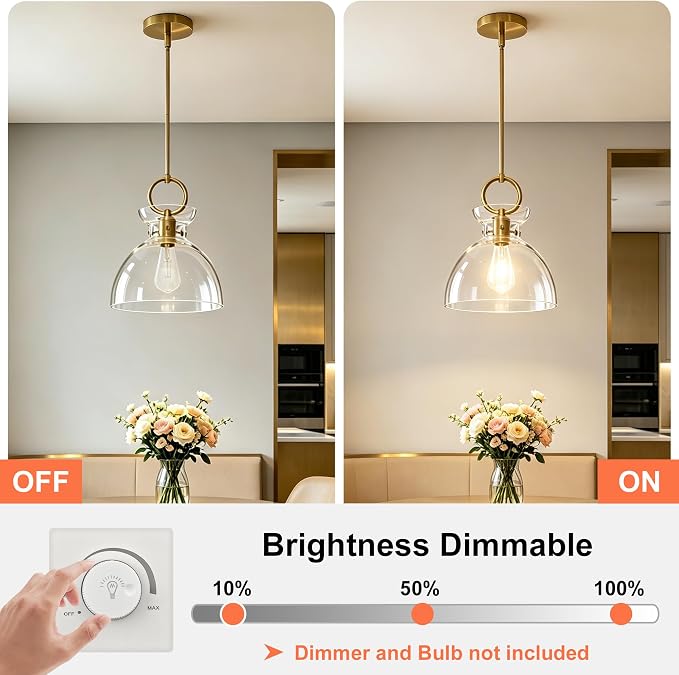 Gold Pendant Light Kitchen Island with 9.84'' Clear Glass Shade | Modern Pendant Lighting Over Sink, Adjustable Hanging Ceiling Light, E26 Dimmable Hardwired for Dining Room Hallway, 1-Pack