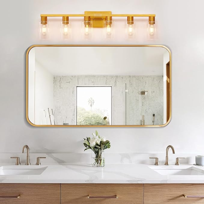 Gold 6 Light Bathroom Vanity Light Brush Gold Bathroom Light Fixtures Brass Vanity Lights for Bathrrom Large Wall Sconce with Clear Glass Shade E26 Socket