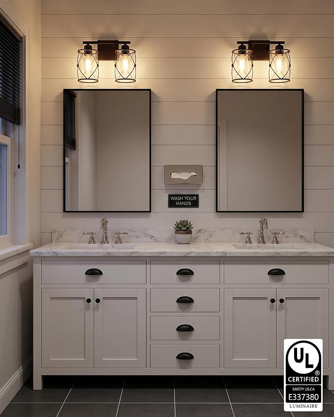 2-Light Oil Rubbed Bronze Bathroom Light Fixtures Over Mirror, 13.2" UL-Listed Modern Farmhouse Wall Sconce Lights with Clear Glass and Metal Cage for Bath, Hardwire E26, CH9176ORB-2W