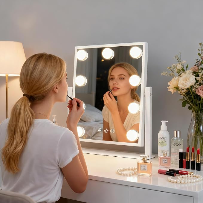 Makeup mirror with lights,Hollywood Vanity Mirror with 9 LED Bulbs，12" x 13.2" Plug in Makeup Mirror for Desk,Smart Touch Control 3Colors Dimmable, light up mirror for makeup,Bedroom,Tabletop,White