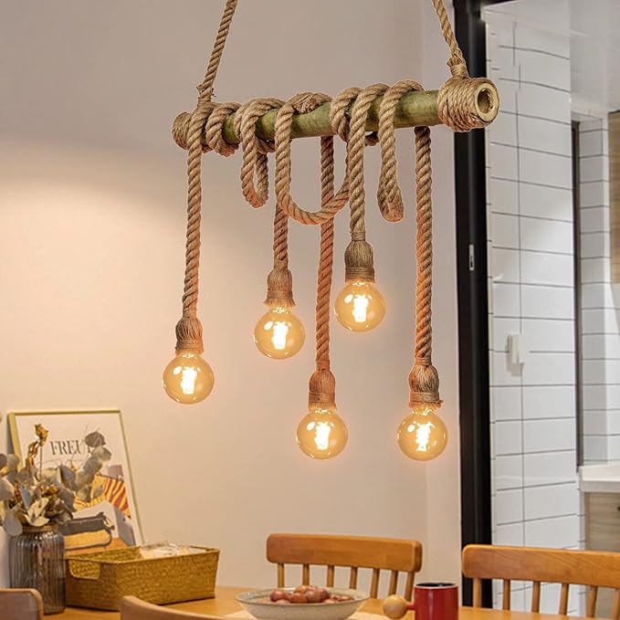 Arturesthome 5 Heads Vintage Bamboo Chandeliers Hemp Rope Pendant Light Fixture, Unique Rustic Industrial Hanging Lamp for Bedroom Restaurant Cafe Bar Decoration