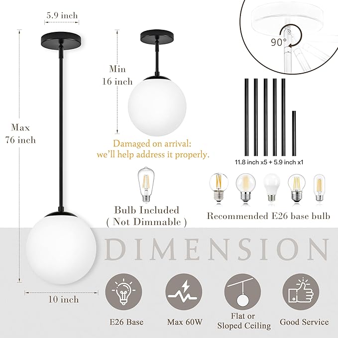 10" Globe Pendant Light Black 2 Pack Mid Century Pendant Light Globe Pendant Lights Kitchen Island Matte Black Finished with Milk Glass Adjustable Ceiling Light Fixtures for Dining Room Bar