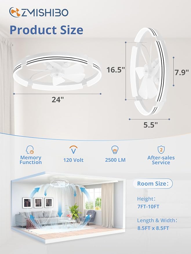 ZMISHIBO Low Profile Ceiling Fans with Lights and Remote, 24 “ White | 3000K-6000K Dimmable Fandelier LED, Flush Mount, 6 Wind Speeds, Reversible, Timer, Bedroom, Living Room, Kitchen, Kids Room