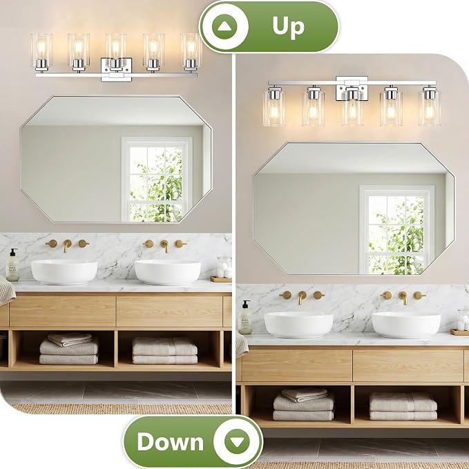 31” Bathroom Light Fixtures, 5-Light Vanity Light Chrome | Square Clear Glass & Durable Metal, Quick & Easy Installation, Standard E26 Socket, Bright Bathroom Lighting