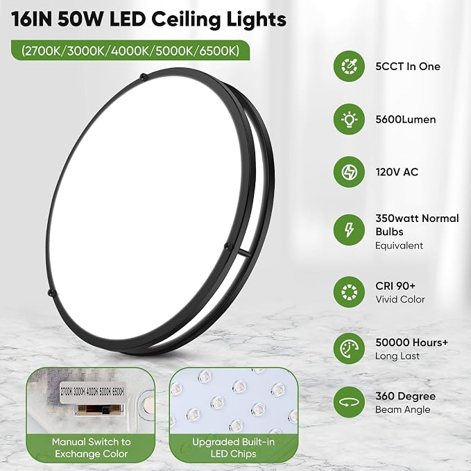 50W 5600lm Bright LED Ceiling Lights Matte Black, 16Inch Large Flush Mount Ceiling Light Fixture with 5 Color Temperatures, Dimmable Modern Kitchen Light Fixture Ceiling for Living Room Bedroom 2-Pack