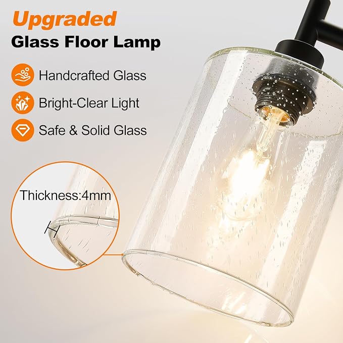 【Upgraded】 Dimmable Floor Lamp for Living Room with Seeded Glass Lampshade, Black Modern Glass Floor Lamp with 900LM LED Bulb Included, Arc Standing Tall Lamp for Bedroom, Office, Reading Room, Corner