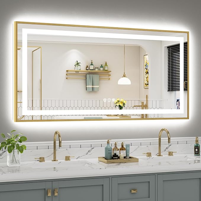 60x30 Inch LED Bathroom Mirror with Gold Frame, Backlit & Front Lit | Anti-fog, 3 Color Dimmable, Memory Function, HD Reflection Tempered Glass, ETL Listed, IP54 Waterproof