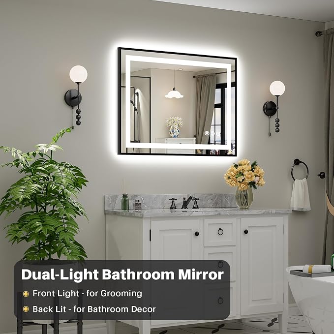 40x30 Inch LED Bathroom Mirror with Black Frame, Backlit & Front Lit | Anti-fog, 3 Color Dimmable, Memory Function, HD Reflection Tempered Glass, ETL Listed, IP54 Waterproof