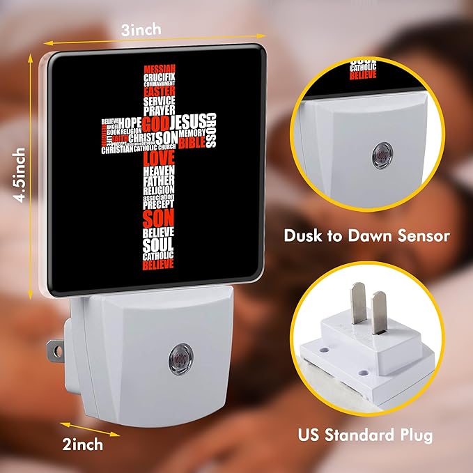 Cross of Religious Words Night Light with Dusk to Dawn Sensor LED Night Light for Home Decor, Kitchen, Bathroom, Hallway, Nursery, Stairs