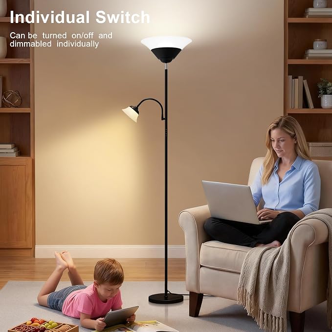 2-in-1 Torchiere Floor Lamp, 34W Super Bright LED Standing Lamp with Remote & Touch Control, 72" Dimmable Adjustable Corner Reading Lamp for Living Room, Bedroom, Office, Black