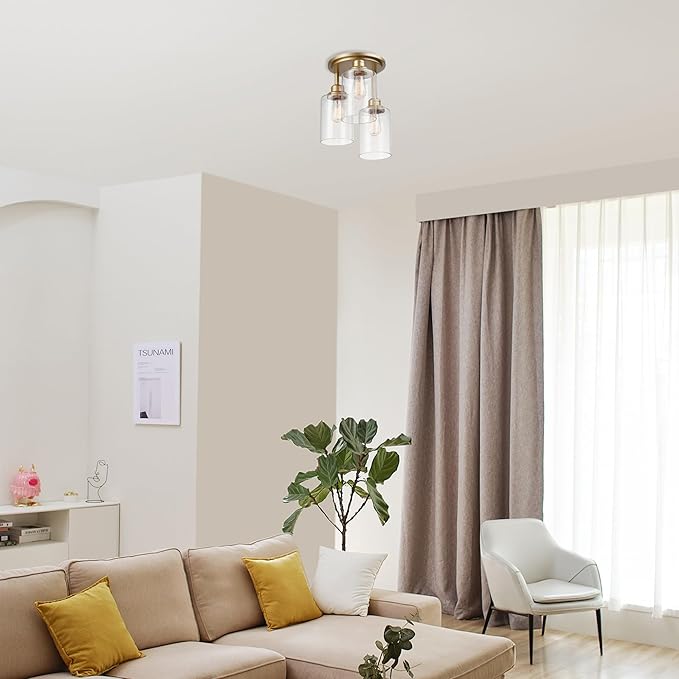 Globe Electric 65457 3-Light Flush Mount Ceiling Light, Matte Gold, Clear Glass Shades, Bedroom Lighting Fixtures Ceiling, Dining Room Fixture, Timeless Lighting for Hallway or Dining Room