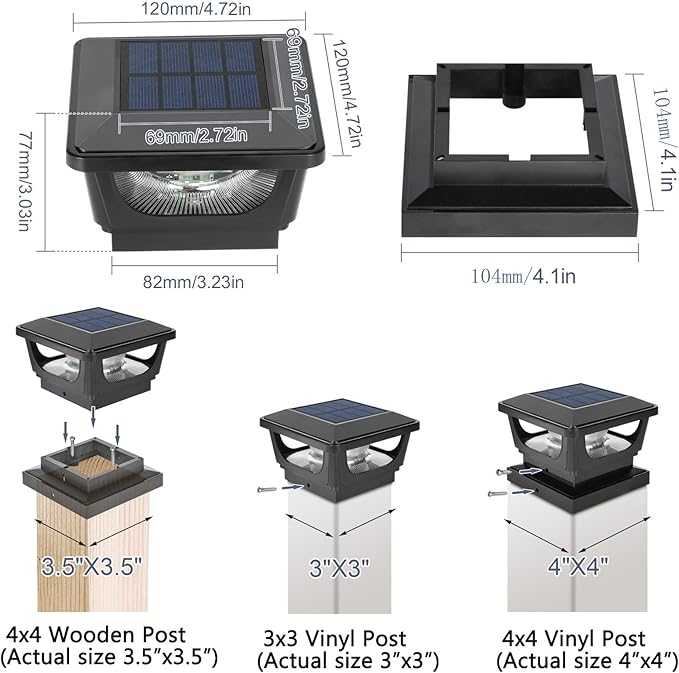Sumaote Solar Post Cap Lights, 120 Lumen 3000K Warm White LED for 3x3 Metal/Vinyl & 4x4 Wood Posts, IP65 Waterproof Outdoor Garden Fence Deck Lighting, Dusk-to-Dawn Auto On/Off (6 Pack)