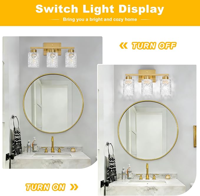 3-Light Bathroom Light Fixtures, Brushed Gold Vanity Lights Over Mirror | Wall Sconces with Clear Textured Glass Shades for Living Room Bedroom Hallway,E26 Base (Bulbs Not Included)