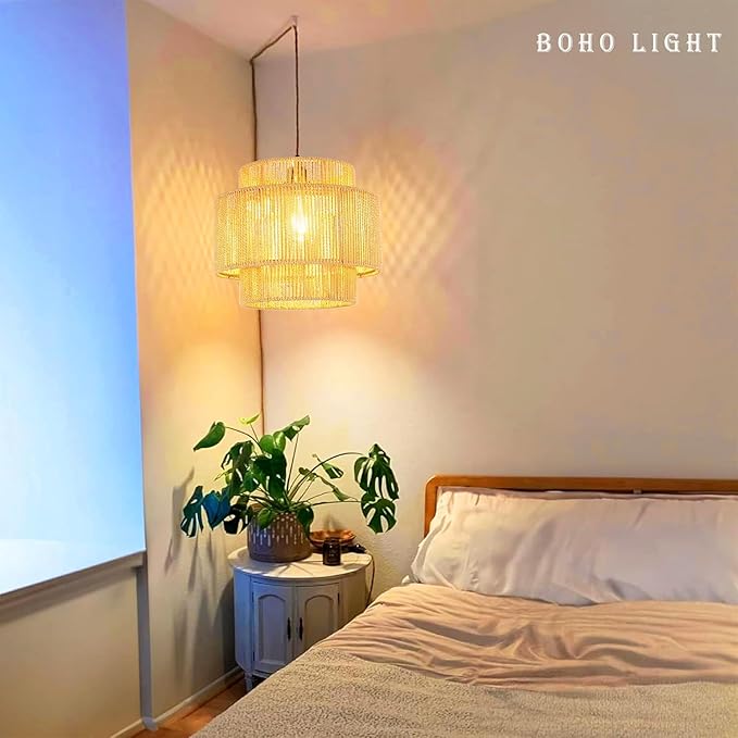 Plug in Pendant Light Hanging Lights with Plug in Cord Boho Hanging Lamp Dimmable,Rattan Wicker Woven Bamboo Lamp Shade, Plug in Ceiling Light Fixture for Living Room Bedroom Kitchen