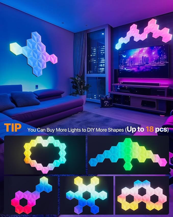 10 Pack Hexagon Led Lights, 110cm Smart Hexagon Light Panels, Hexagon Wall Lights, RGB Color Changing with App & Remote, Music Sync for Gameroom Lighting, Party Decor