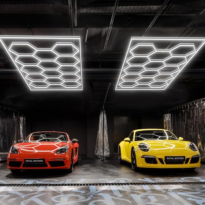 Hexagon Garage Lights Honeycomb LED Hex Light, 672W, 80640LM, 6500K Super Bright, 14 Grid Systems Car Detailing Lights with Rectangular Frame for Garage Warehouse Workshop Basement Gym