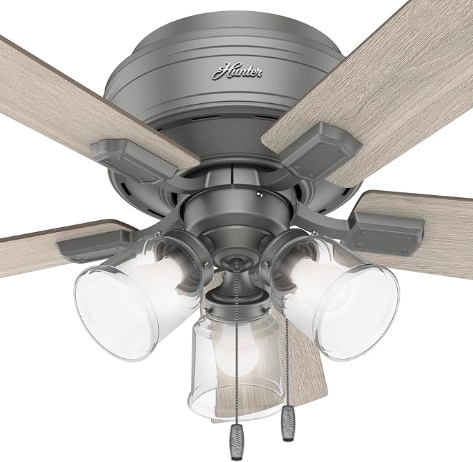 Hunter Crestfield, Indoor, Ceiling Fan, Quiet, 42 inch, Matte Silver | with LED Lights and Pull Chain, Low Profile Flush Mount, 5 Blades, For Bedroom, Living Room, Kitchen, 51025