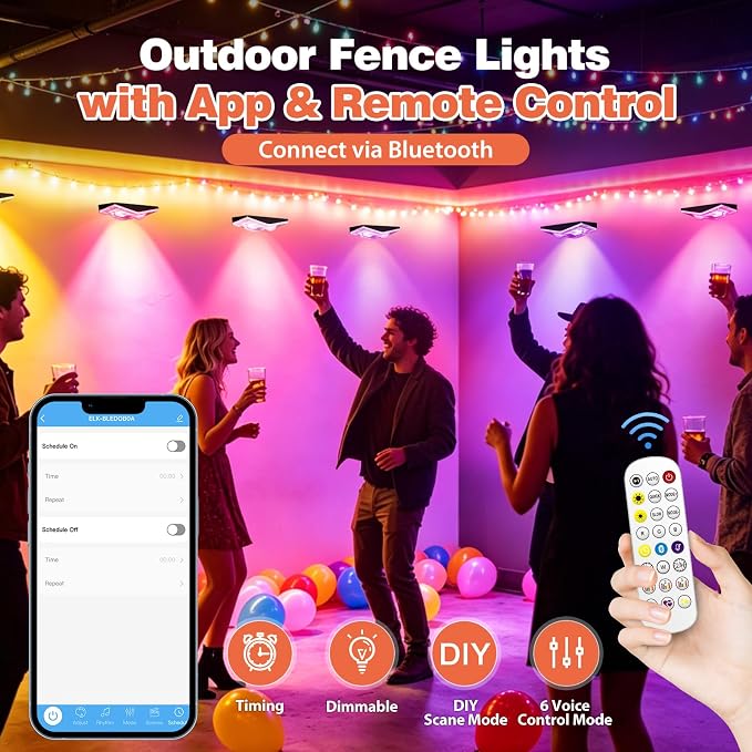 Outdoor Fence Lights Plug in, 100FT LED Fence Lights, App & Remote Control, 100 Scene Modes, IP67 Waterproof Outdoor Lights for Backyard, Patio, Deck - Brighter Than Solar Lights