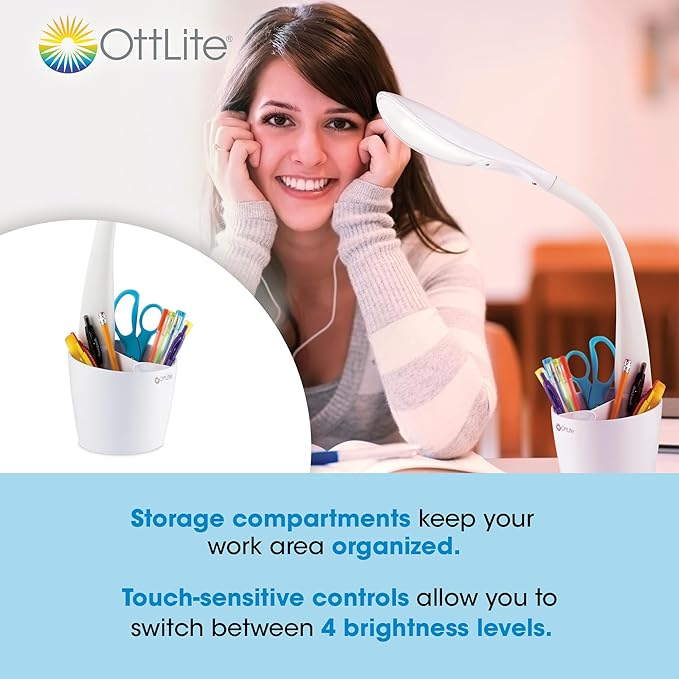 OttLite Organizer LED Desk Lamp with Flexible Neck and Storage, White | Natural Daylight LEDs | 4 Brightness Settings | Storage Compartments | Adjustable Flexible Neck