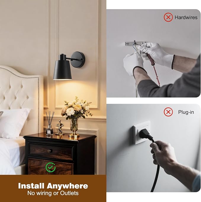 Black Battery Operated Wall Sconces Set of Two with Remote, Rechargeable Battery Powered Wall Lights, 3 Color Temperature, Dimmable, Modern Wireless Wall Lamps for Bedroom Living Room Hallway