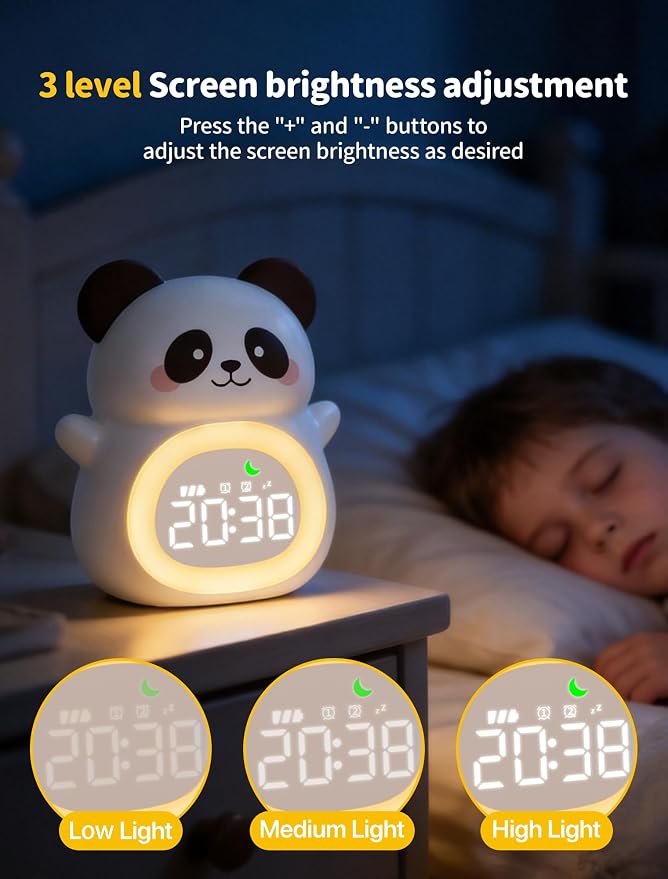 MASHI Panda Kids Alarm Clock with Time to Wake Sleep Trainer White Noise | Sun & moon wake cues, 7-color night light,Snooze， dual alarms and 6 soothing sounds help kids build healthy sleep habits.