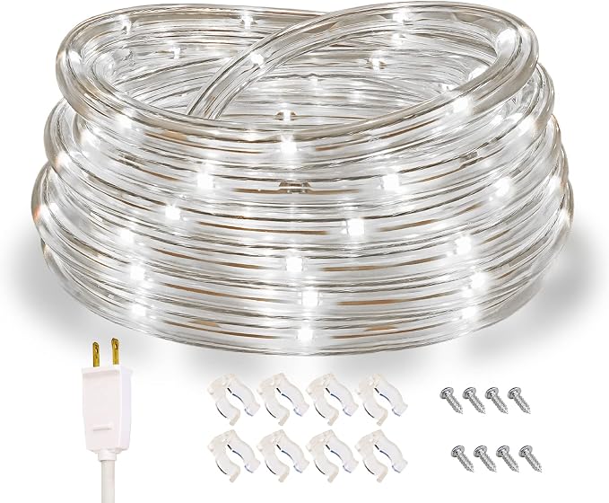 16ft Nature White Rope Light ETL Waterproof | Connectable up to 12 strips. 50,000hr lifespan. Indoor/outdoor mood lighting. Home, patio, party, Christmas decor.