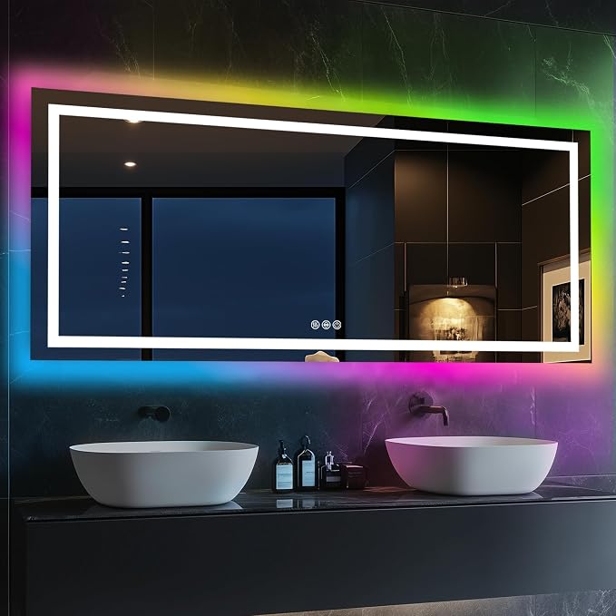 Antok 60x28 LED Bathroom Mirror with Lights, Backlit + Front Lit Vanity Mirror with CRI>90, Dimmable Anti-Fog Smart Mirror with Memory Function, 11 Color Temperatures, Shatterproof Tempered Glass, ETL