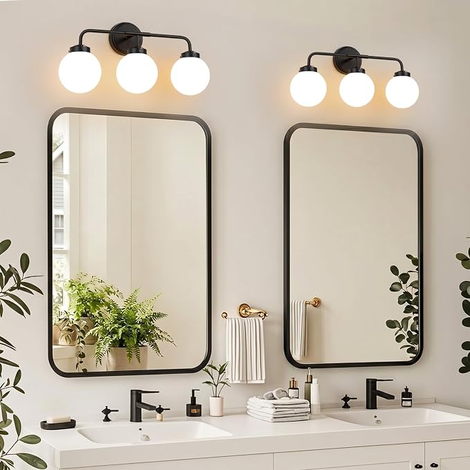 Modern Matte Black Bathroom Light Fixtures, 3-Light Vanity Lights Wall Sconce with Globe Milky White Glass Shade Over Mirror for Bathroom Hallway Living Room Bedroom