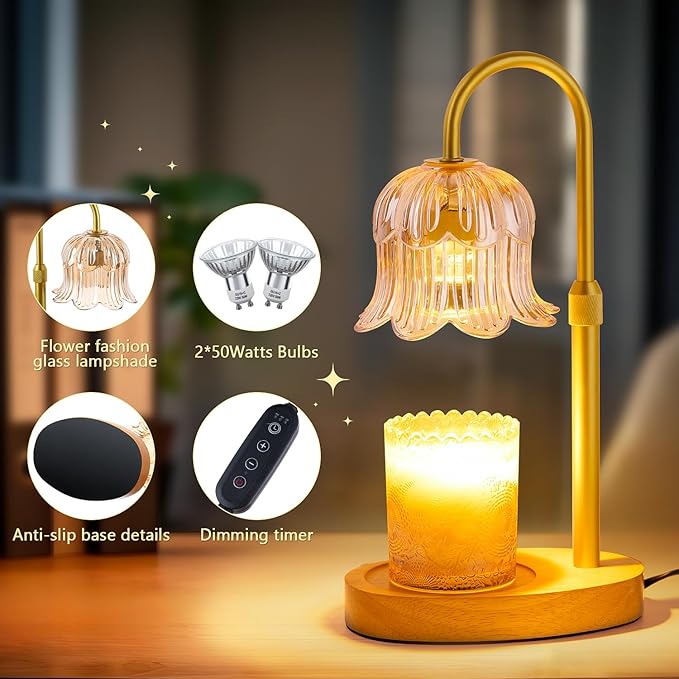 Candle Warmer Lamp Flower Electric Timer - Home Decor Women Birthday Gifts | Dimmable Candle Warmer Height Amber Glass 2 Bulbs For Jar Adjustable Wax House Warming Gifts Her Mom Halloween Christmas