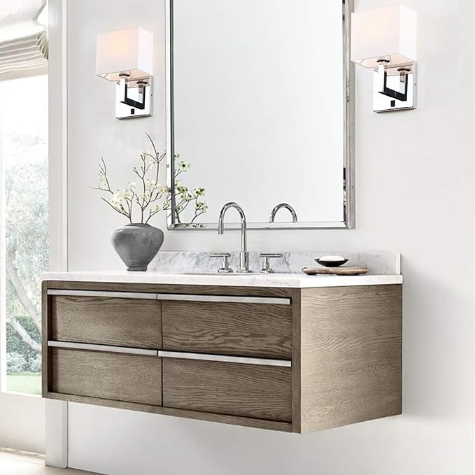 PERMO Single Wall Sconce Light Fixture Chrome Finish with White Textile Shades and On/Off Switch Button Small Modern Nightstand Lamps for Bedrooms Bedside Reading