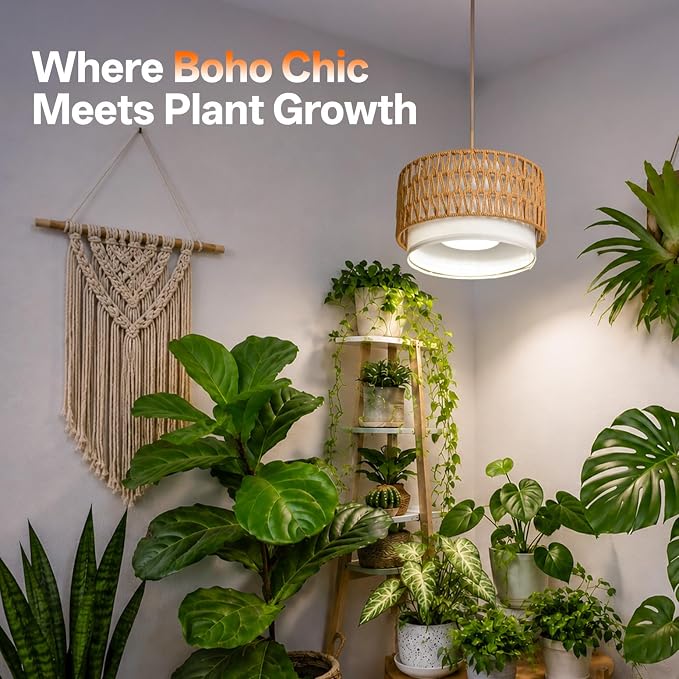 Hanging Grow Light for Indoor Plants, Dimmable Plant Light | 4H/9H/14H Timer,18W Full Spectrum with Boho Linen Shade,5000K, Adjustable Brightness for Indoor Plant,Tall Plant, Flowers
