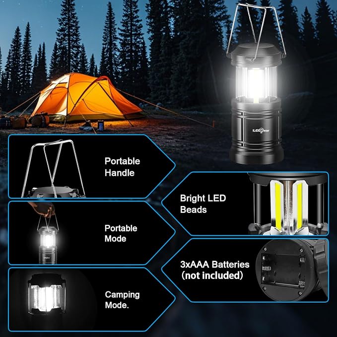 LED Camping Lantern, Battery Operated, 2 Pack | Adjustable brightness, collapsible design, camping essentials, emergency, hurricane, storm, power outage, outdoor
