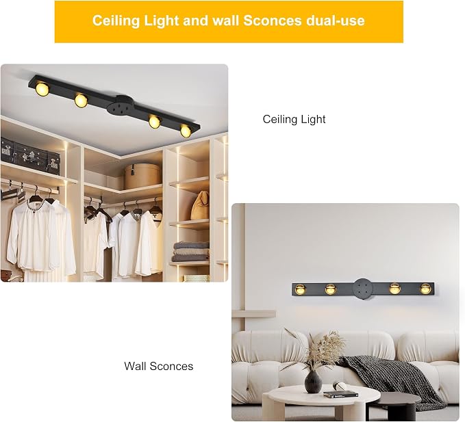 Garwarm 32 Inch Modern Dimmable Track Lighting with Remote, 3000K-6500K | Black Low Profile Flush Mount Ceiling Light with 4 Rotatable Heads for Kitchen, Dining Room, Bedroom, Hallway, Wall Mount Use
