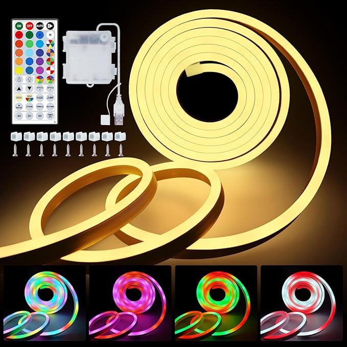 OMIKA 10FT Neon Rope Light Battery Operated, RGB &Warm White Cuttable Lights with USB, Outdoor LED Strip Lights Waterproof for Wall Bedroom Outside Indoor Christmas Décor
