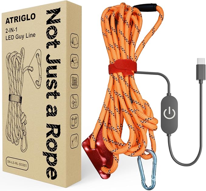 Camping Rope with Light 12FT 660LB LED Illuminated Nylon | Tent Rope for Hammock Clothesline Dog Leash SOS Emergency Type-C Touch Switch IP68 Waterproof Orange