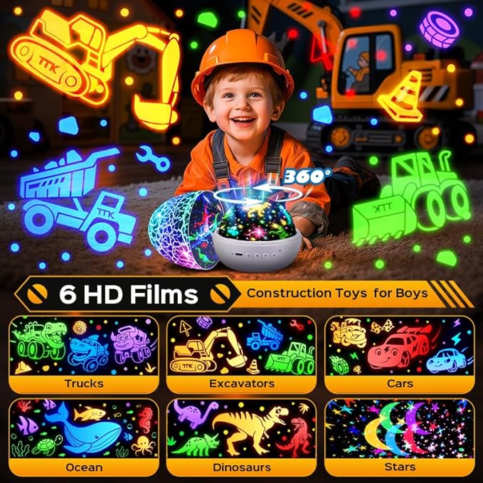 PIKOY Excavator Toys for Boys 3-5【15 Sounds & 6 Films】 Kids Construction Toys Truck Night Light [31 Colors & Remote Control] Dinosaur Egg Light for Nursery Toddler Boys Kids Gifts Easter Eggs Gifts