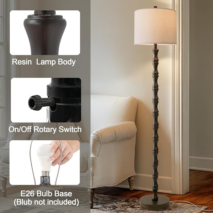 62" Farmhouse Floor Lamp for Living Room, Rustic Standing Lamp with Linen Shade and Rotary Switch, Resin Corner Floor Lamp for Bedroom, Dining Room, Office, Home Decor, Dark Brown